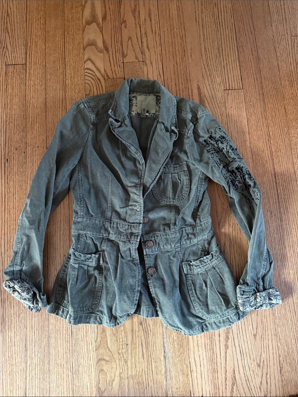 Sanctuary Olive Green Utility Blazer with Embroidered Sleeve